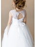 White Dots Tulle Keyhole Corset Back Flower Girl Dress With Beaded Belt